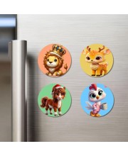 Lion, Deer, Horse, and Chicken. Fridge Magnets 4 Piece Set | 3 Inch Round Wall Fridge Decor (F23029)
