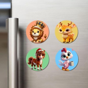 Lion, Deer, Horse, and Chicken. Fridge Magnets 4 Piece Set | 3 Inch Round Wall Fridge Decor (F23029)