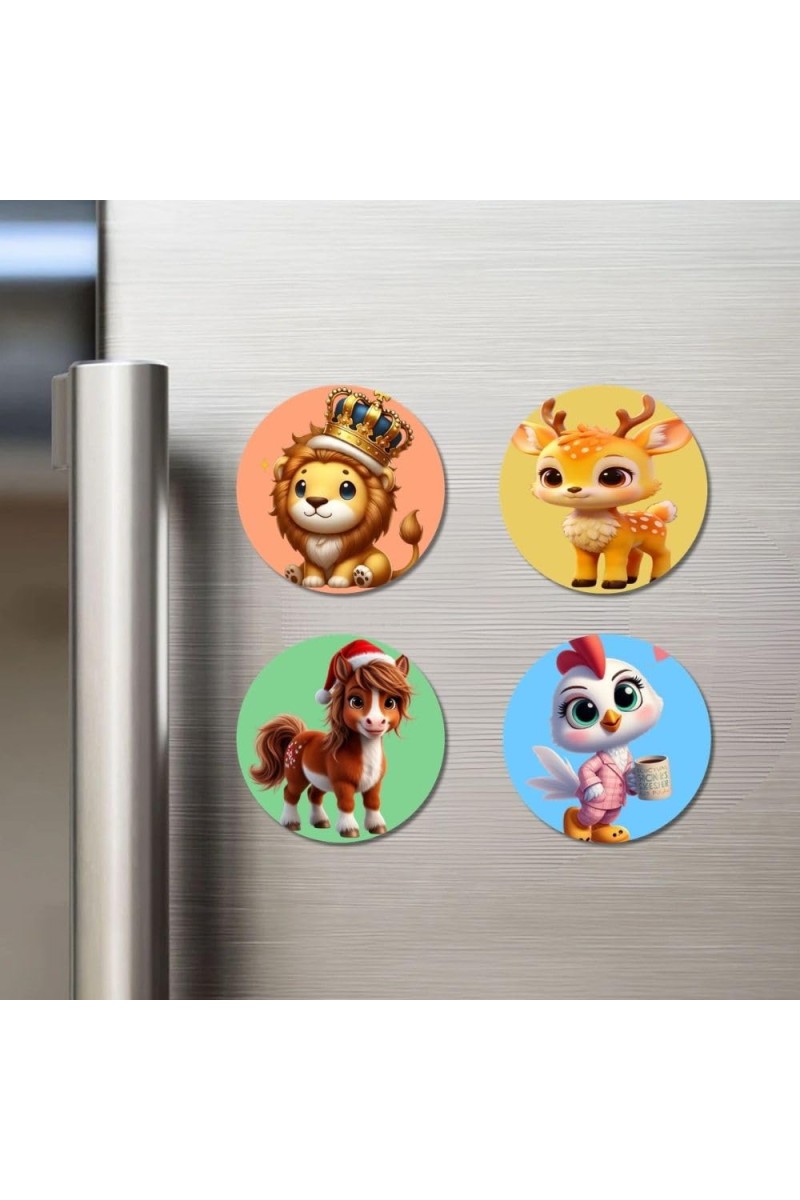 Lion, Deer, Horse, and Chicken. Fridge Magnets 4 Piece Set | 3 Inch Round Wall Fridge Decor (F23029)