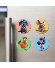 Dog, Mouse, Chicken, and Zebra. Fridge Magnets 4 Piece Set | 3 Inch Round Wall Fridge Decor (F22977)