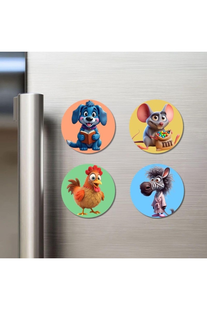 Dog, Mouse, Chicken, and Zebra. Fridge Magnets 4 Piece Set | 3 Inch Round Wall Fridge Decor (F22977)