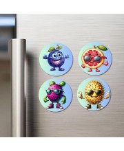 Blueberry, Grapefruit, Dragon Fruit, Durian Fridge Magnets 4 Piece Set | 3 Inch Round Wall Fridge Decor (F23323)