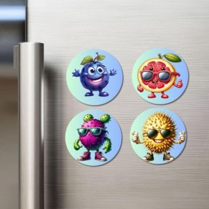 Blueberry, Grapefruit, Dragon Fruit, Durian Fridge Magnets 4 Piece Set | 3 Inch Round Wall Fridge Decor (F23323) Blueberry, Grapefruit, Dragon Fruit, Durian Fridge Magnets 4 Piece Set | 3 Inch Round Wall Fridge Decor (F23323)