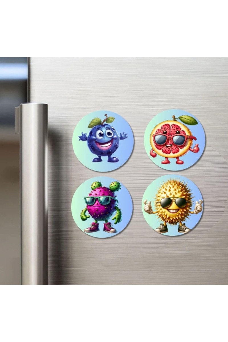 Blueberry, Grapefruit, Dragon Fruit, Durian Fridge Magnets 4 Piece Set | 3 Inch Round Wall Fridge Decor (F23323)