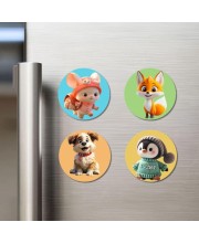 Mice, Fox, Dog, and Penguin. Fridge Magnets 4 Piece Set | 3 Inch Round Wall Fridge Decor (F22879)