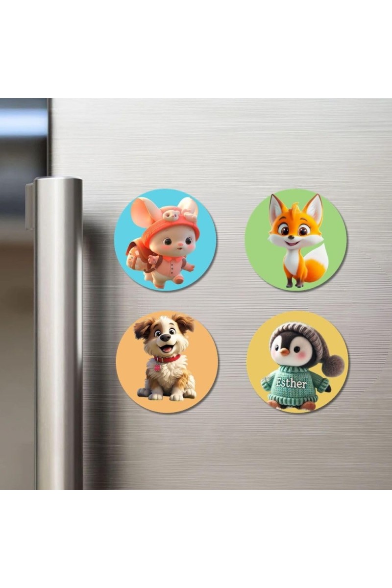 Mice, Fox, Dog, and Penguin. Fridge Magnets 4 Piece Set | 3 Inch Round Wall Fridge Decor (F22879)