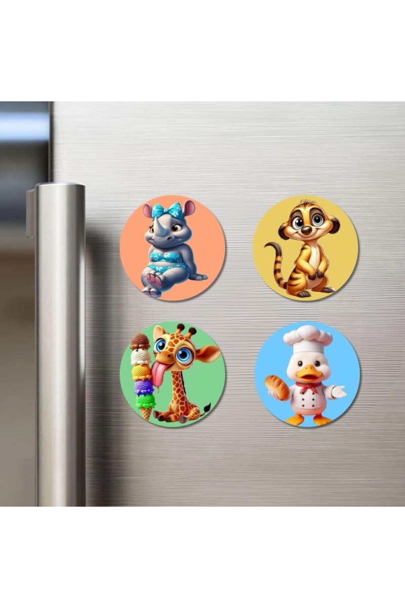 Rhino, Meerkat, Giraffe, and Duck. Fridge Magnets 4 Piece Set | 3 Inch Round Wall Fridge Decor (F22955)