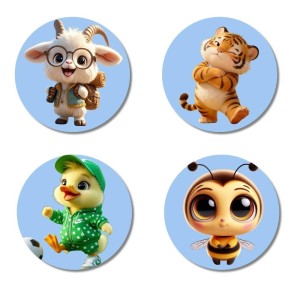 Goat, Tiger, Duck, and Bee. Fridge Magnets 4 Piece Set | 3 Inch Round Wall Fridge Decor (F23088)