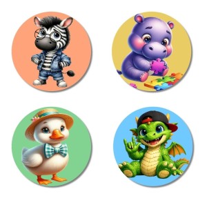 Zebra, Hippo, Duck, Dragon Fridge Magnets 4 Piece Set | 3 Inch Round Wall Fridge Decor (F22971) Zebra, Hippo, Duck, Dragon Fridge Magnets 4 Piece Set | 3 Inch Round Wall Fridge Decor (F22971)