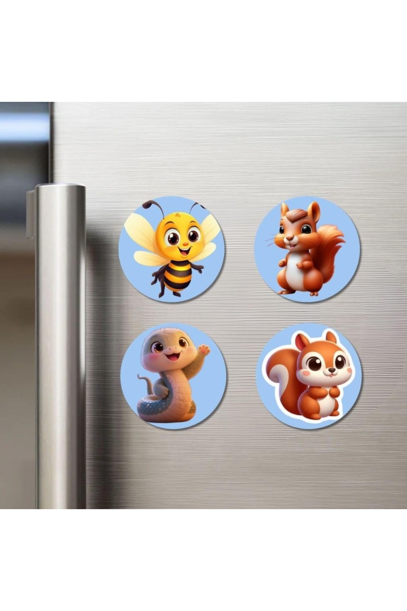 Bee, Squirrel, Seal, and Squirrel. Fridge Magnets 4 Piece Set | 3 Inch Round Wall Fridge Decor (F23108)