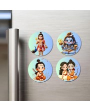 Kartikeya, Shiva, Rama, and Sita. Fridge Magnets 4 Piece Set | 3 Inch Round Wall Fridge Decor (F22845)