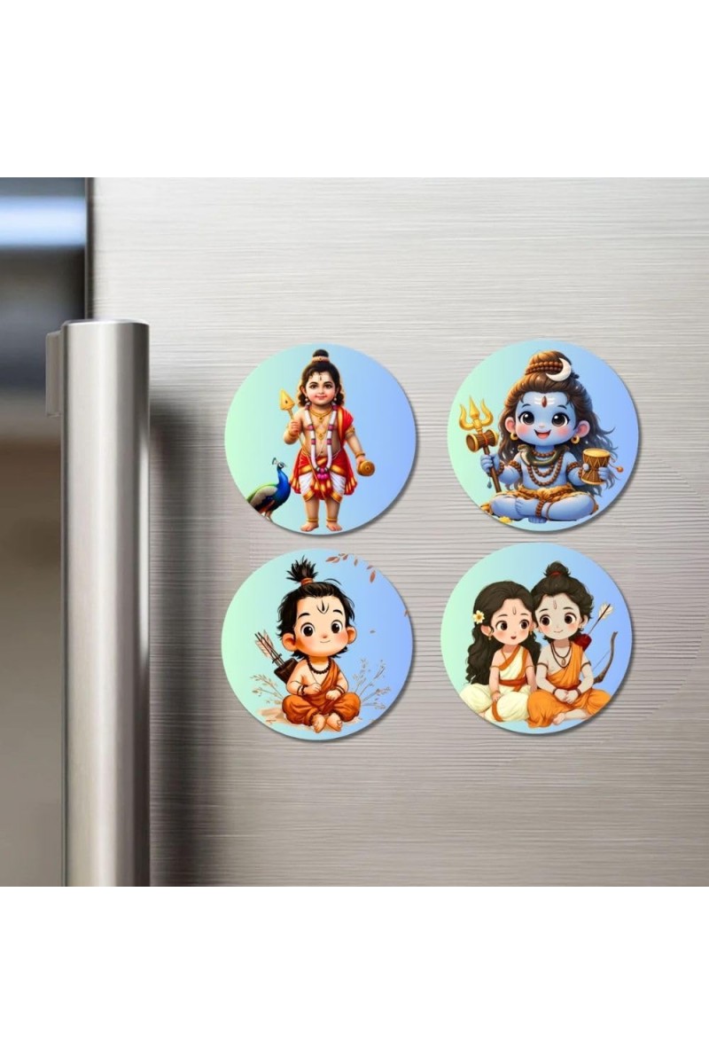 Kartikeya, Shiva, Rama, and Sita. Fridge Magnets 4 Piece Set | 3 Inch Round Wall Fridge Decor (F22845)