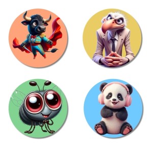 Bull, Vulture, Fly, and Panda. Fridge Magnets 4 Piece Set | 3 Inch Round Wall Fridge Decor (F23016)