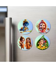 Kartikeya, Shiva, Krishna, Rama, Sita, and Ganesha. Fridge Magnets 4 Piece Set | 3 Inch Round Wall Fridge Decor (F22771)