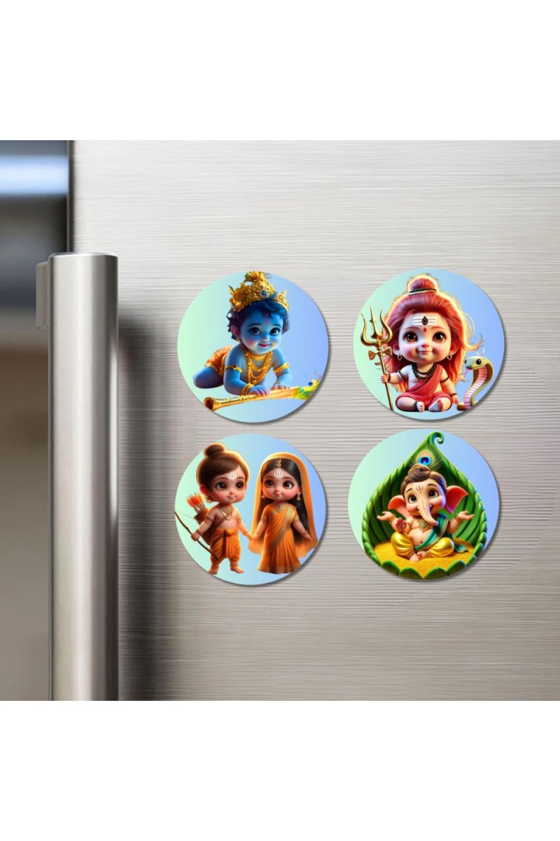 Kartikeya, Shiva, Krishna, Rama, Sita, and Ganesha. Fridge Magnets 4 Piece Set | 3 Inch Round Wall Fridge Decor (F22771)