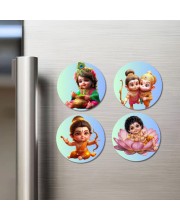 Rama, Hanuman, and Ganesha. Fridge Magnets 4 Piece Set | 3 Inch Round Wall Fridge Decor (F22769)