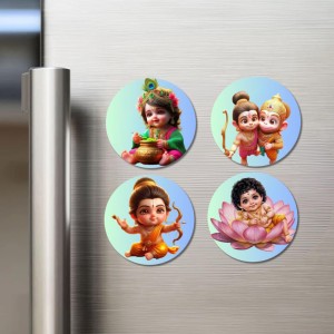 Rama, Hanuman, and Ganesha. Fridge Magnets 4 Piece Set | 3 Inch Round Wall Fridge Decor (F22769)