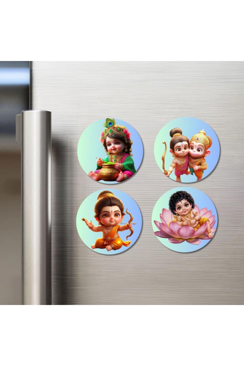 Rama, Hanuman, and Ganesha. Fridge Magnets 4 Piece Set | 3 Inch Round Wall Fridge Decor (F22769)