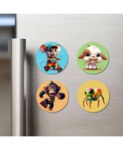 Mouse, Cow, Chimpanzee, and Spider. Fridge Magnets 4 Piece Set | 3 Inch Round Wall Fridge Decor (F22935)