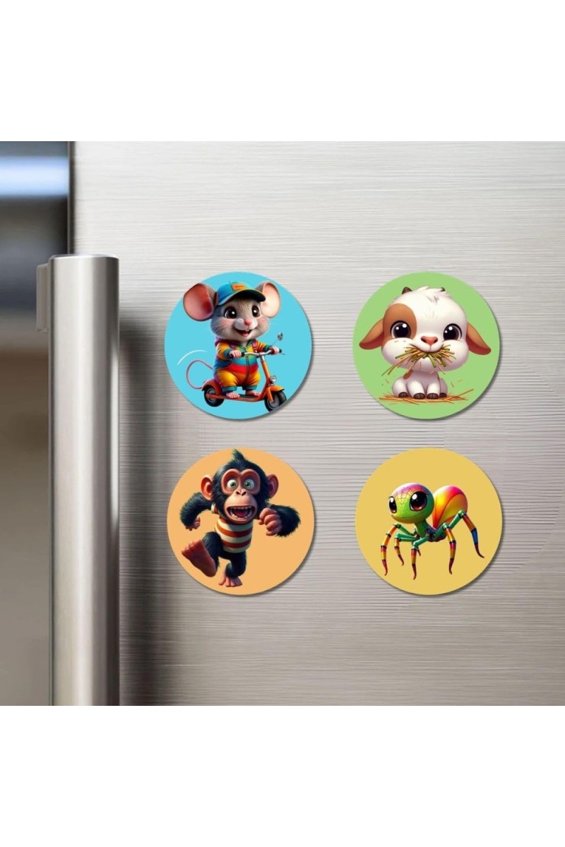 Mouse, Cow, Chimpanzee, and Spider. Fridge Magnets 4 Piece Set | 3 Inch Round Wall Fridge Decor (F22935)