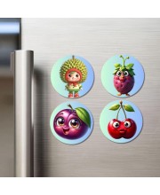 Durian, Strawberry, Plum, Cherry Fridge Magnets 4 Piece Set | 3 Inch Round Wall Fridge Decor (F23283)