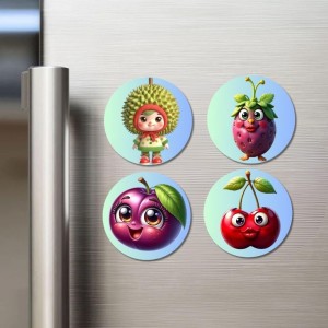 Durian, Strawberry, Plum, Cherry Fridge Magnets 4 Piece Set | 3 Inch Round Wall Fridge Decor (F23283)