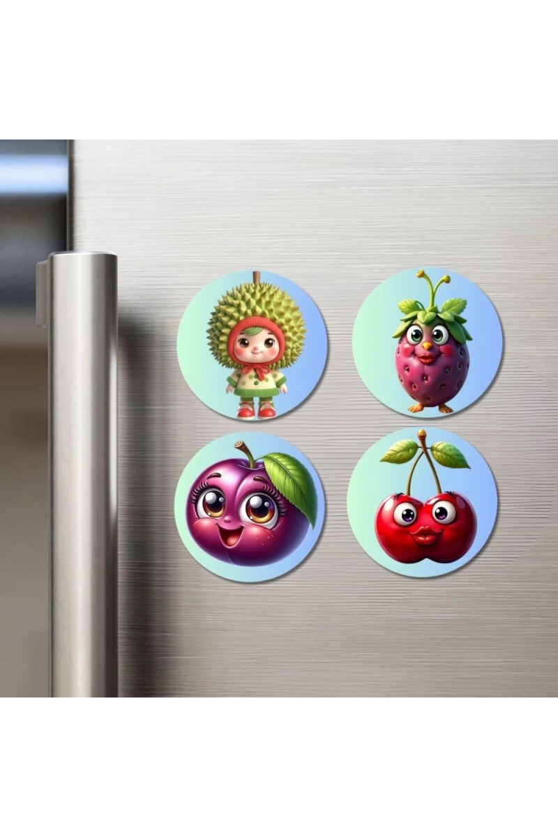 Durian, Strawberry, Plum, Cherry Fridge Magnets 4 Piece Set | 3 Inch Round Wall Fridge Decor (F23283)