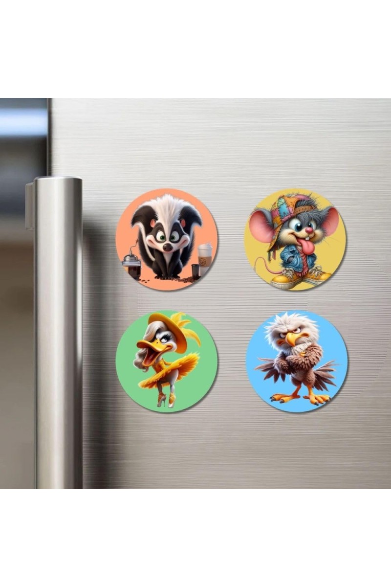 Skunk, Mouse, Duck, and Eagle. Fridge Magnets 4 Piece Set | 3 Inch Round Wall Fridge Decor (F22988)