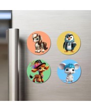 Pony, Penguin, Giraffe, and Mouse. Fridge Magnets 4 Piece Set | 3 Inch Round Wall Fridge Decor (F23049)