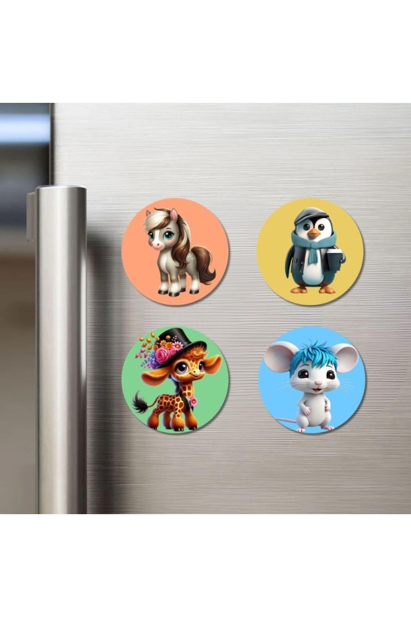 Pony, Penguin, Giraffe, and Mouse. Fridge Magnets 4 Piece Set | 3 Inch Round Wall Fridge Decor (F23049)