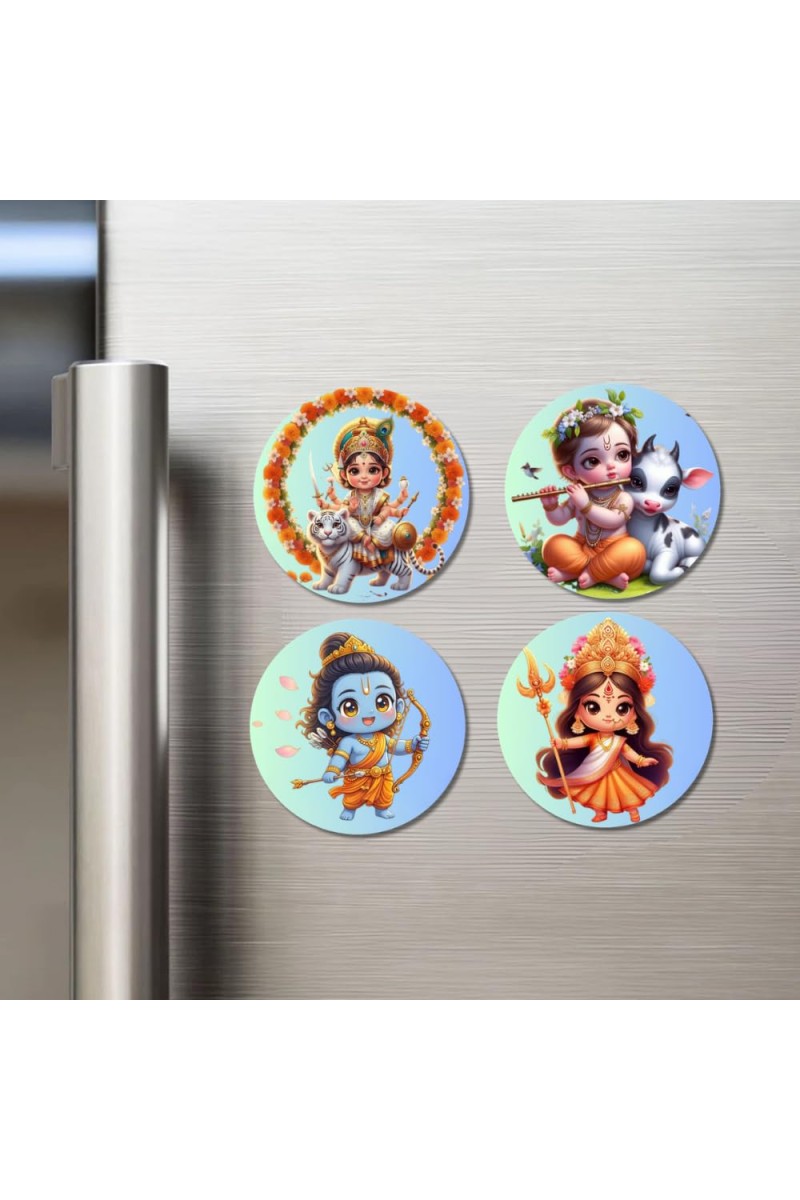 Vaikuntha (Vishnu), Krishna, Rama, and Durga. Fridge Magnets 4 Piece Set | 3 Inch Round Wall Fridge Decor (F22801)