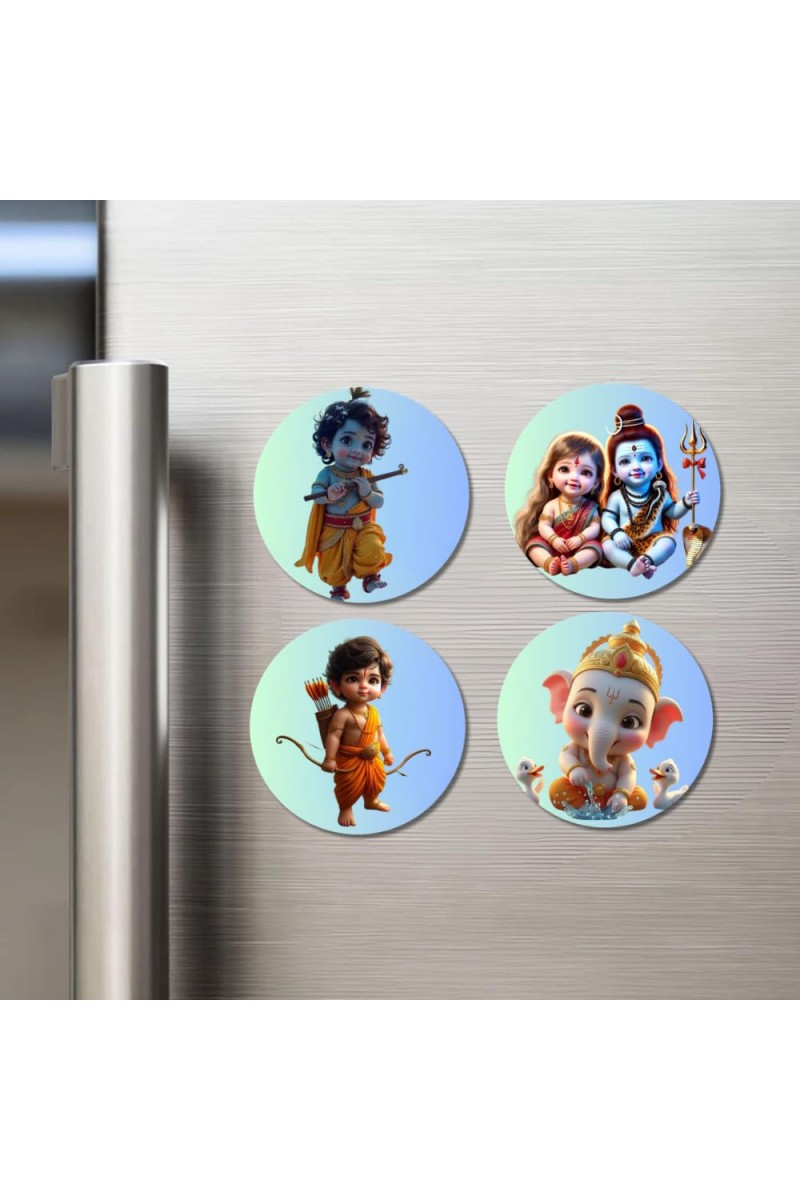 Krishna, Parvati, Shiva, Rama, and Ganesha. Fridge Magnets 4 Piece Set | 3 Inch Round Wall Fridge Decor (F22767)