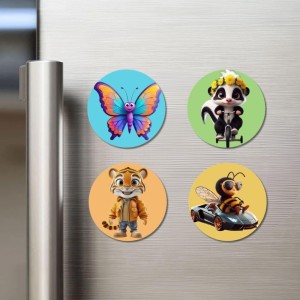 Butterfly, Skunk, Tiger, and Bee. Fridge Magnets 4 Piece Set | 3 Inch Round Wall Fridge Decor (F22945)