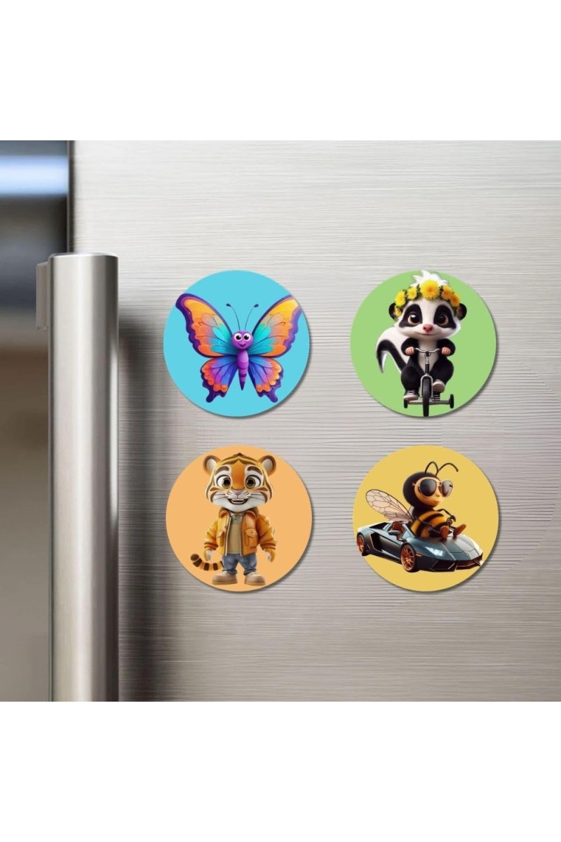 Butterfly, Skunk, Tiger, and Bee. Fridge Magnets 4 Piece Set | 3 Inch Round Wall Fridge Decor (F22945)