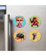 Fox, Orangutan, Housefly, and Mosquito. Fridge Magnets 4 Piece Set | 3 Inch Round Wall Fridge Decor (F22929)