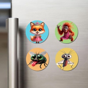 Fox, Orangutan, Housefly, and Mosquito. Fridge Magnets 4 Piece Set | 3 Inch Round Wall Fridge Decor (F22929)