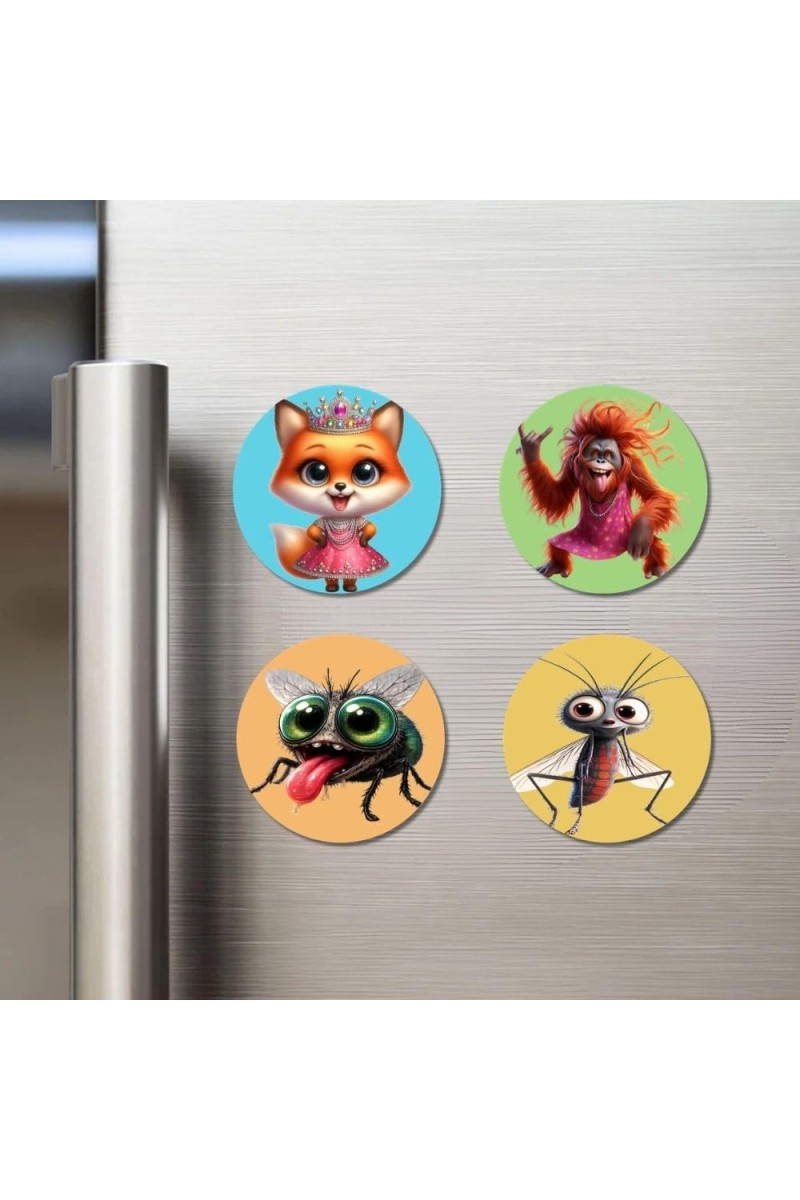 Fox, Orangutan, Housefly, and Mosquito. Fridge Magnets 4 Piece Set | 3 Inch Round Wall Fridge Decor (F22929)