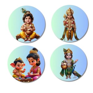 Krishna, Rama, Ganesha, and Parvati. Fridge Magnets 4 Piece Set | 3 Inch Round Wall Fridge Decor (F22809)