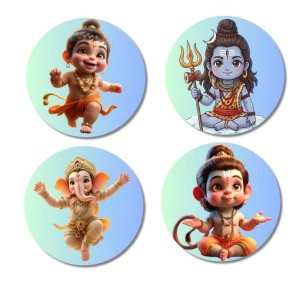 Krishna, Rama, Hanuman, and Shiva. Fridge Magnets 4 Piece Set | 3 Inch Round Wall Fridge Decor (F22826)