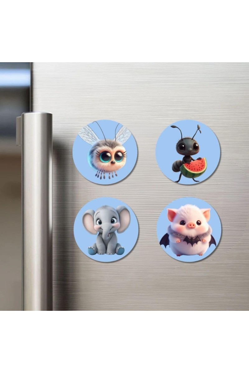Bee,ant,Elephant,Hamster Fridge Magnets 4 Piece Set | 3 Inch Round Wall Fridge Decor (F23151)