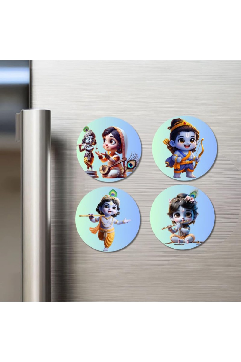 Krishna, Radha, and Rama. Fridge Magnets 4 Piece Set | 3 Inch Round Wall Fridge Decor (F22805)
