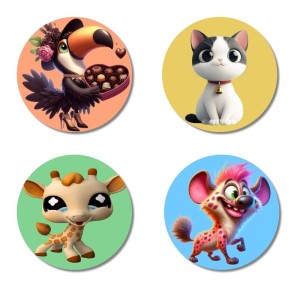 Toucan, Cat, Giraffe, and Hyena. Fridge Magnets 4 Piece Set | 3 Inch Round Wall Fridge Decor (F23031) Toucan, Cat, Giraffe, and Hyena. Fridge Magnets 4 Piece Set | 3 Inch Round Wall Fridge Decor (F23031)