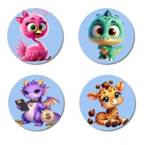 Flamingo, Dinosaur, Dragon, and Giraffe. Fridge Magnets 4 Piece Set | 3 Inch Round Wall Fridge Decor (F23071)