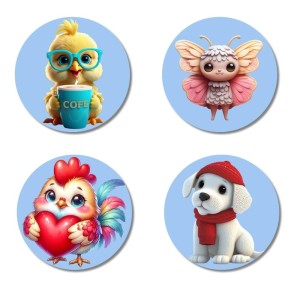Chick, Butterfly Fairy, Rooster, Puppy Fridge Magnets 4 Piece Set | 3 Inch Round Wall Fridge Decor (F23160)