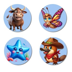 Bull, Butterfly, Starfish, and Platypus. Fridge Magnets 4 Piece Set | 3 Inch Round Wall Fridge Decor (F23081)