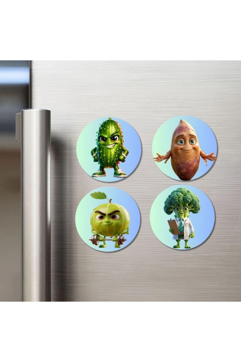 Cucumber, Sweet Potato, Guava, Broccoli Fridge Magnets 4 Piece Set | 3 Inch Round Wall Fridge Decor (F23335)