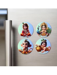 Krishna, Shiva, Ganesha, and Rama. Fridge Magnets 4 Piece Set | 3 Inch Round Wall Fridge Decor (F22821)