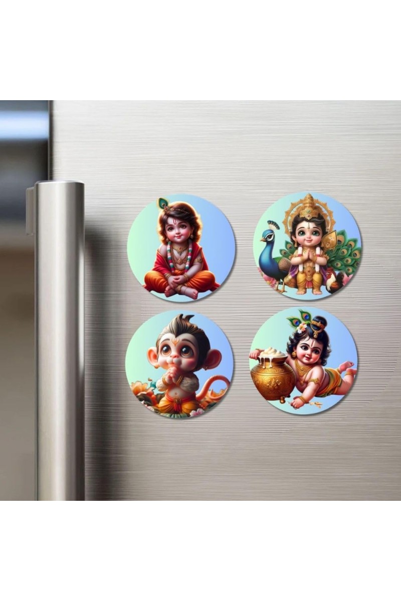 Krishna, Shiva, Ganesha, and Rama. Fridge Magnets 4 Piece Set | 3 Inch Round Wall Fridge Decor (F22821)