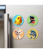 Chick, Bird, Lion, and Swordfish Fridge Magnets 4 Piece Set | 3 Inch Round Wall Fridge Decor (F22891)