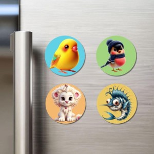 Chick, Bird, Lion, and Swordfish Fridge Magnets 4 Piece Set | 3 Inch Round Wall Fridge Decor (F22891)